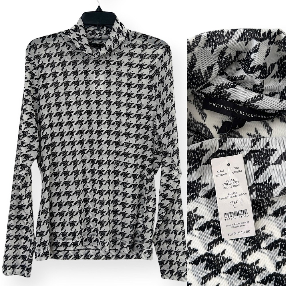 White House Black Market L Black White Multi Houndstooth Turtleneck Mesh Top NWT